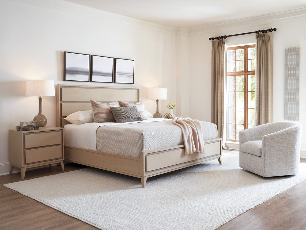 Lexington Tommy Bahama Home Ashbourne Panel Bed: Modern White Oak Design With Dimensional Shadowing & Tapered Mid-century Legs Sand Drift  578-135c