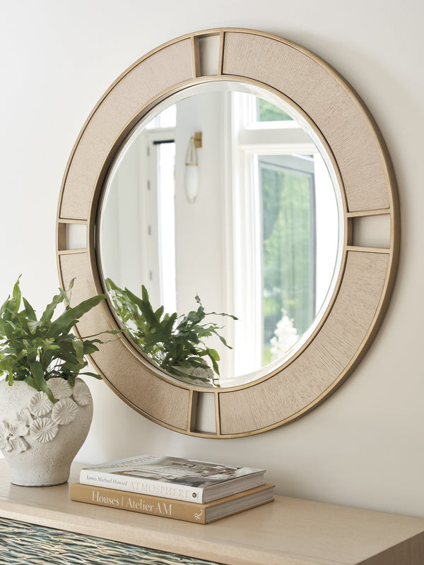 Lexington Tommy Bahama Home Nina Round Mirror - Contemporary 36-inch Design With Champagne Metal Frame And White Oak Accents Sand Drift  578-201