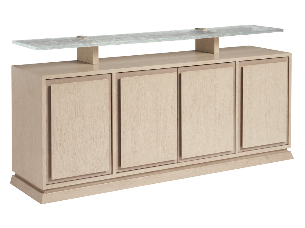 Lexington Tommy Bahama Home Callum Buffet - Contemporary Sand Drift Finish With Wavy Glass Shelf, Adjustable Storage & Soft-close Drawer Sand Drift  578-852