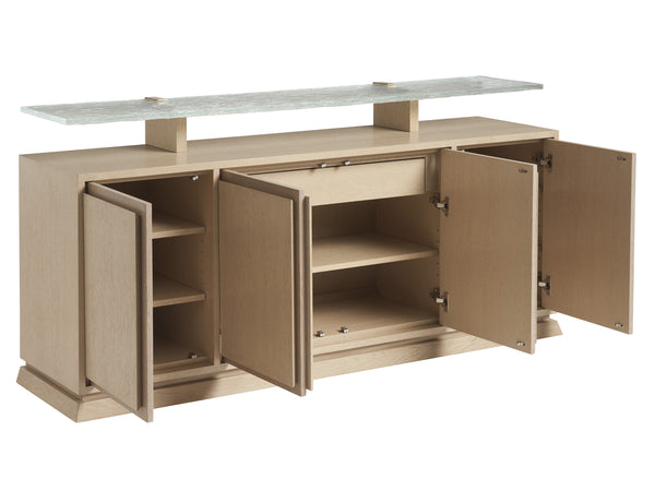 Lexington Tommy Bahama Home Callum Buffet - Contemporary Sand Drift Finish With Wavy Glass Shelf, Adjustable Storage & Soft-close Drawer Sand Drift  578-852