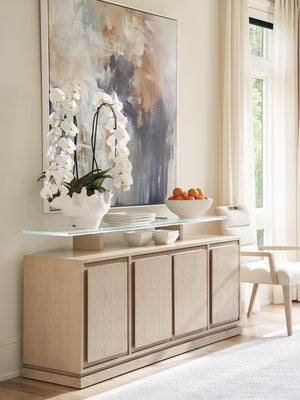 Lexington Tommy Bahama Home Callum Buffet - Contemporary Sand Drift Finish With Wavy Glass Shelf, Adjustable Storage & Soft-close Drawer Sand Drift  578-852