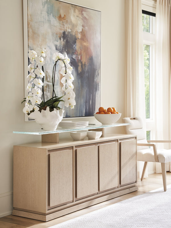 Lexington Tommy Bahama Home Callum Buffet - Contemporary Sand Drift Finish With Wavy Glass Shelf, Adjustable Storage & Soft-close Drawer Sand Drift  578-852