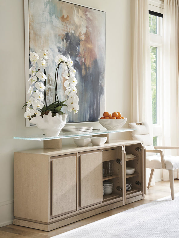 Lexington Tommy Bahama Home Callum Buffet - Contemporary Sand Drift Finish With Wavy Glass Shelf, Adjustable Storage & Soft-close Drawer Sand Drift  578-852