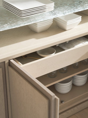 Lexington Tommy Bahama Home Callum Buffet - Contemporary Sand Drift Finish With Wavy Glass Shelf, Adjustable Storage & Soft-close Drawer Sand Drift  578-852