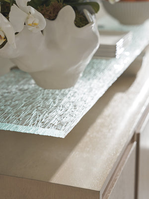 Lexington Tommy Bahama Home Callum Buffet - Contemporary Sand Drift Finish With Wavy Glass Shelf, Adjustable Storage & Soft-close Drawer Sand Drift  578-852