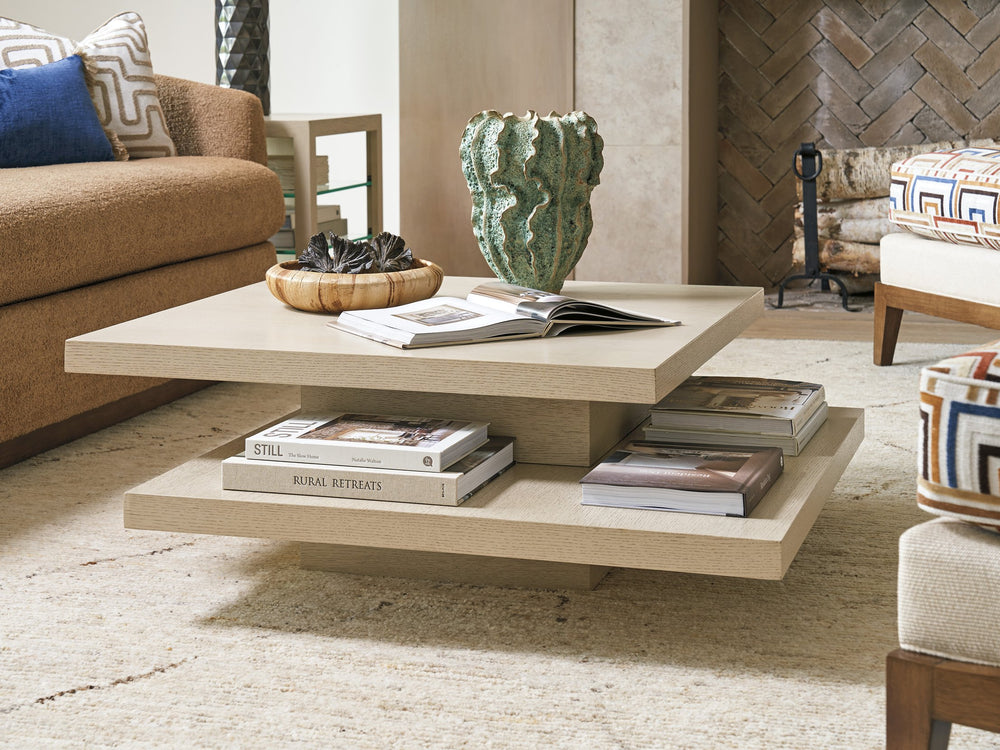 Lexington Tommy Bahama Home Prescott Tiered Cocktail Table - Modern White Oak Design With Asymmetrical Tops & Pedestal Base Sand Drift  578-947