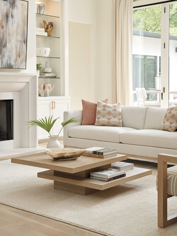 Lexington Tommy Bahama Home Prescott Tiered Cocktail Table - Modern White Oak Design With Asymmetrical Tops & Pedestal Base Sand Drift  578-947