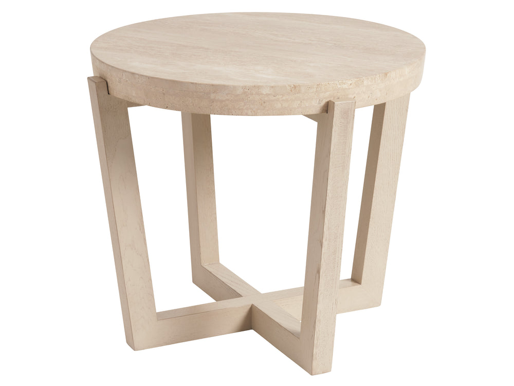 Lexington Tommy Bahama Home Shasta Elegant Round Lamp Table With Natural Travertine Top And Stylish Brushed Champagne Base Sand Drift  578-950