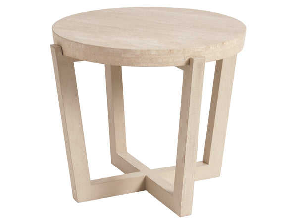 Lexington Tommy Bahama Home Shasta Elegant Round Lamp Table With Natural Travertine Top And Stylish Brushed Champagne Base Sand Drift  578-950