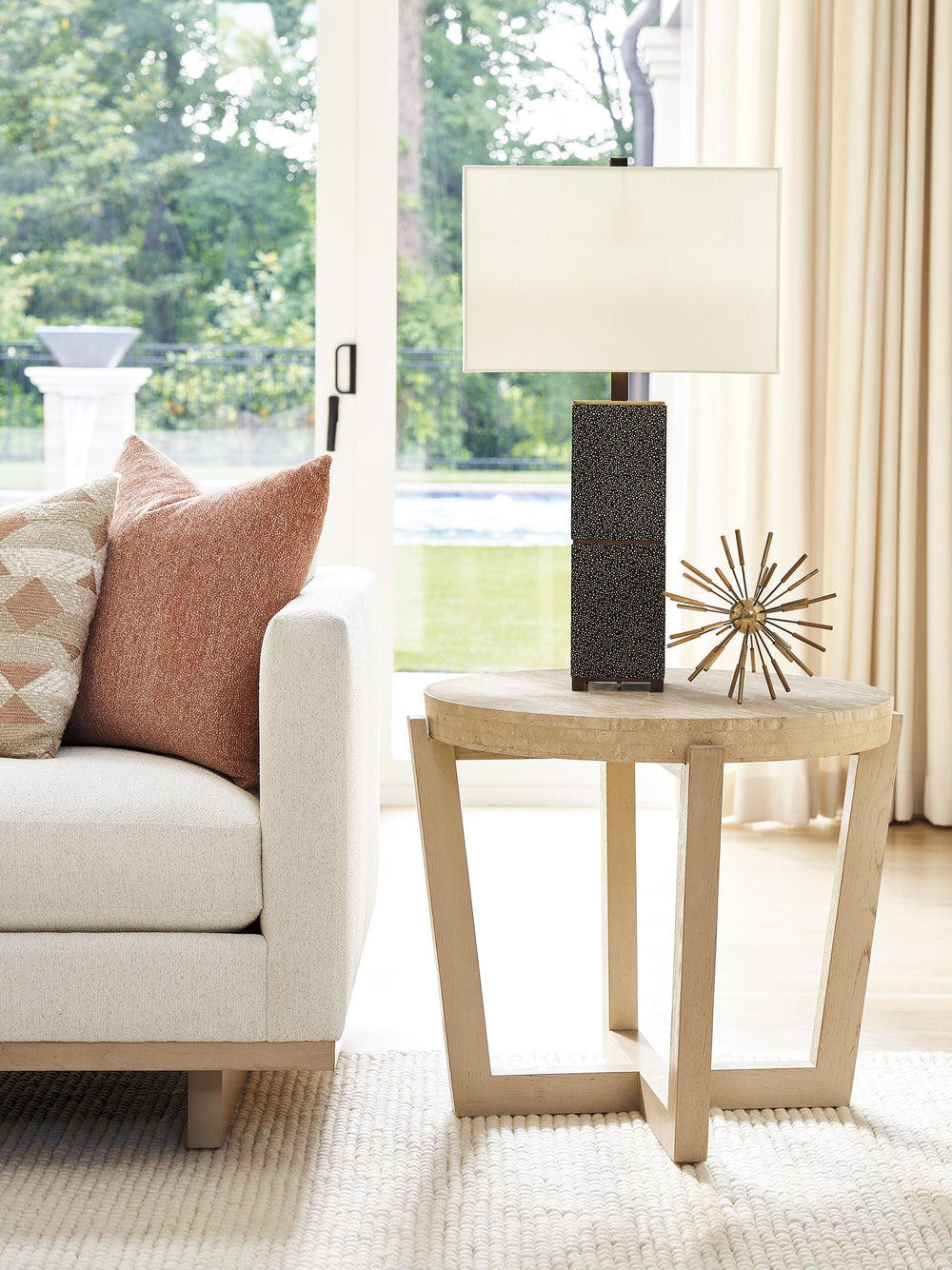 Lexington Tommy Bahama Home Shasta Elegant Round Lamp Table With Natural Travertine Top And Stylish Brushed Champagne Base Sand Drift  578-950