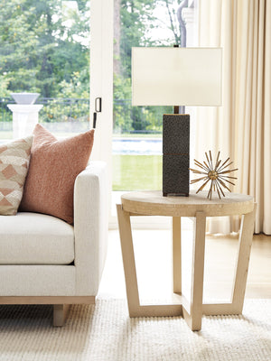 Lexington Tommy Bahama Home Shasta Elegant Round Lamp Table With Natural Travertine Top And Stylish Brushed Champagne Base Sand Drift  578-950