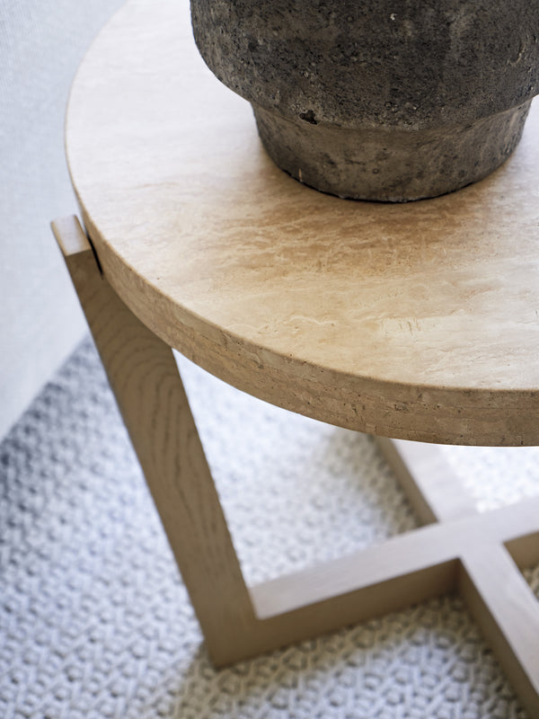 Lexington Tommy Bahama Home Shasta Elegant Round Lamp Table With Natural Travertine Top And Stylish Brushed Champagne Base Sand Drift  578-950