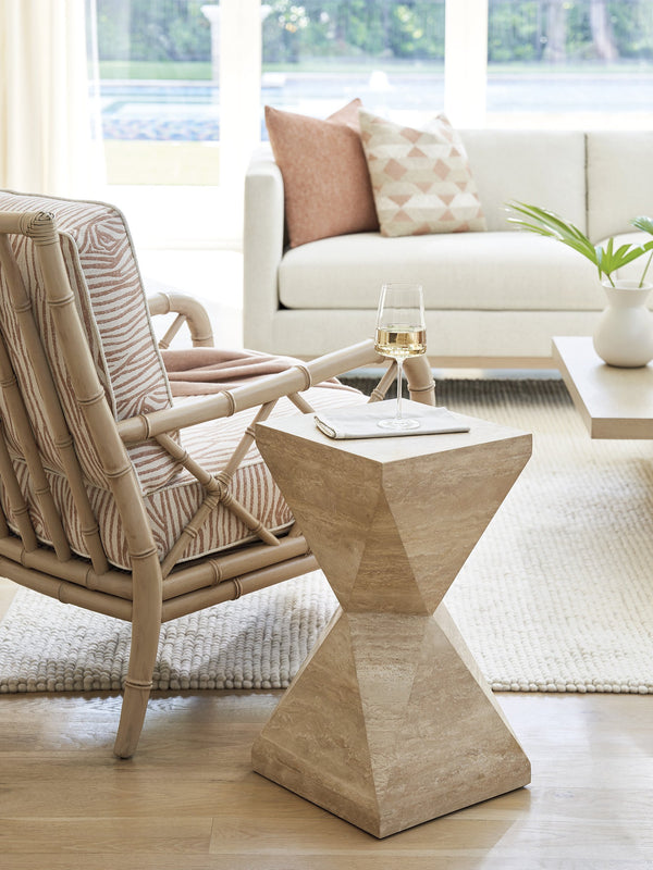 Lexington Tommy Bahama Home Shea Contemporary Hourglass Accent Table With Natural Travertine And Brushed Champagne Finish Sand Drift  578-954