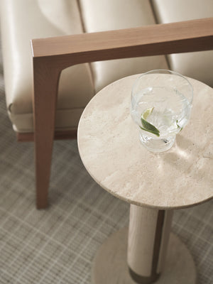 Lexington Tommy Bahama Home Carver Accent Table - Elegant White Oak & Travertine Design With Brushed Champagne Metal Pedestal Sand Drift  578-956