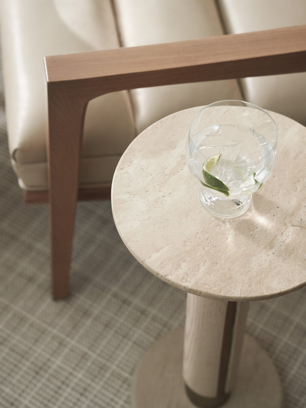 Lexington Tommy Bahama Home Carver Accent Table - Elegant White Oak & Travertine Design With Brushed Champagne Metal Pedestal Sand Drift  578-956