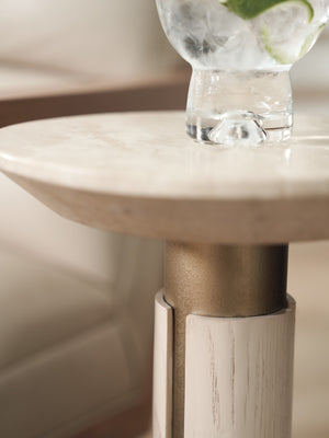 Lexington Tommy Bahama Home Carver Accent Table - Elegant White Oak & Travertine Design With Brushed Champagne Metal Pedestal Sand Drift  578-956