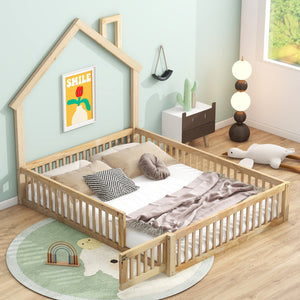 English Elm Wood House Platform Bed Full Size with Guardrail & Playful Frame, Sturdy Pine, Kid-Safe Design Natural N709P171852M