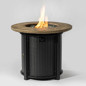English Elm 30" 50000BTU Propane Fire Pit Table with Faux Wood Grain Top, Stainless Burner, Glass Rocks, Black W853P194144