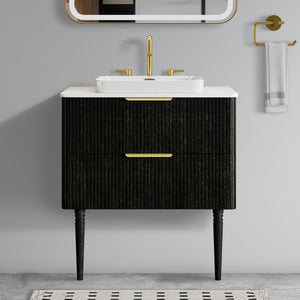 English Elm Elena 30" Striped Oak Bathroom Vanity with Ceramic Sink, Freestanding or Wall-Mount, Soft-Close Drawers Black W1865S00079