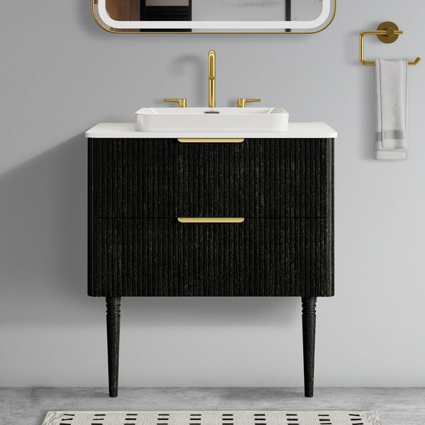 English Elm Elena 30" Striped Oak Bathroom Vanity with Ceramic Sink, Freestanding or Wall-Mount, Soft-Close Drawers Black W1865S00079