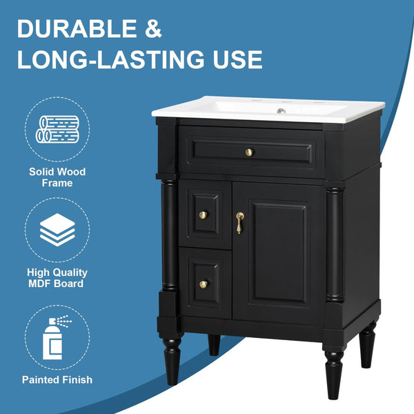English Elm 24 Inch Freestanding Vanity with Ceramic Sink Rubberwood Frame Matte Finish Storage Black N725P356058B