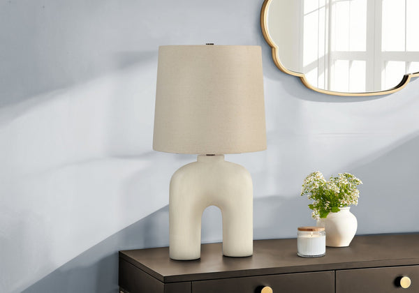 English Elm Lighting, 27"h ceramic table lamp with textured vase base, beige linen drum shade & gold finial Cream 15 L x 15 W x 21 H B2710P220144