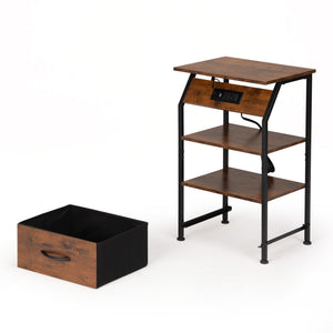 English Elm Rustic Nightstand with Drawer, Shelves, USB Charging & AC Outlets, LED Strip, Remote Control End Table W2181P191357