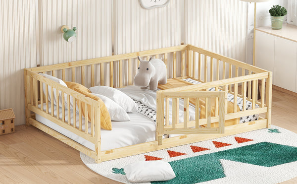 English Elm Full Montessori Floor Bed with Fence and Door, Natural Pine Slatted Full Size Bed, 300lb Capacity, Easy Assemble Oak W1820P369889