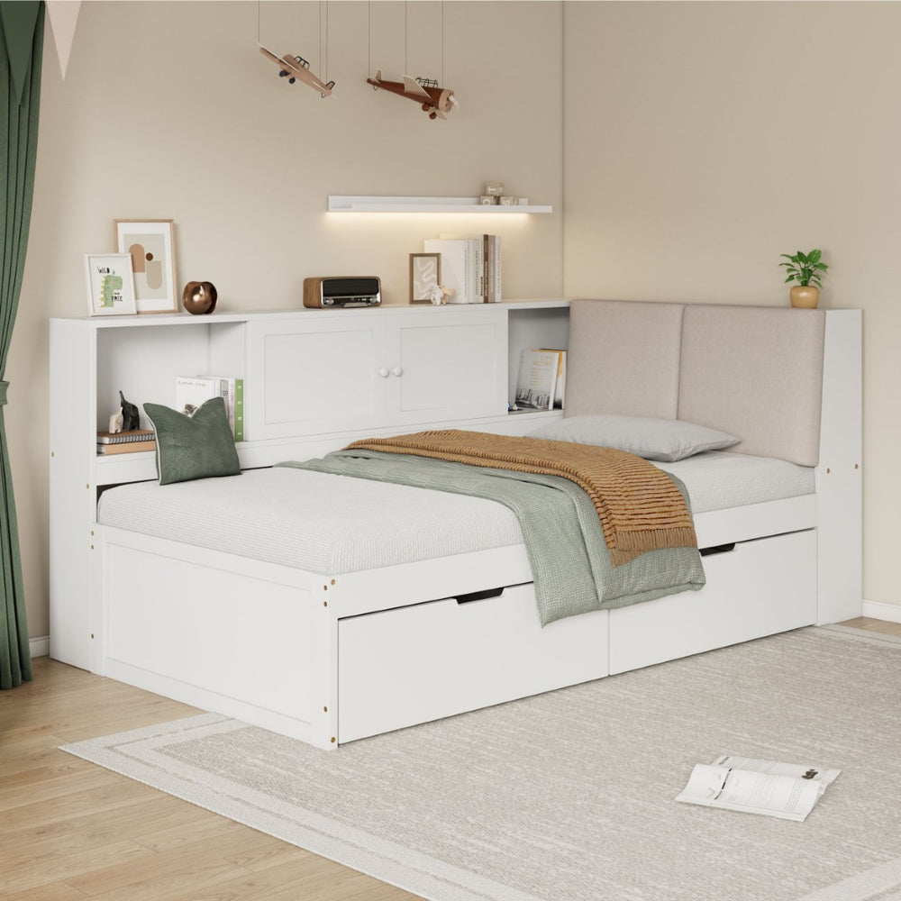 English Elm Wooden Twin L-shaped Corner Bed Pine Frame Bookcase Storage Usb Charging Ports BS701P337660K