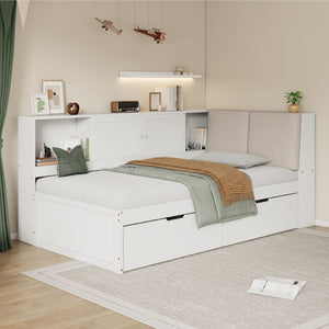 English Elm Wooden Twin L-shaped Corner Bed Pine Frame Bookcase Storage Usb Charging Ports BS701P337660K