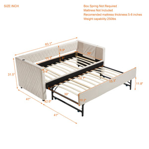 English Elm Beige velvet daybed with diamond-grid pull-out trundle, modern sturdy wood frame for guests and lounge W1361S00031