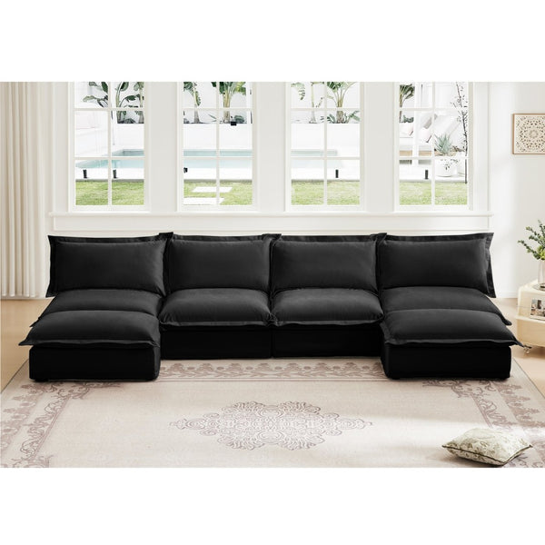 English Elm Slipcovered Chenille U-shape Sectional Deep Seat Cloud Couch with Reversible Ottoman W3041S00121