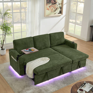 English Elm Modern Chenille Sofa Bed With Retractable Table, Led Lights, Usb Ports & Cup Holders – Green Comfort W1413S00097