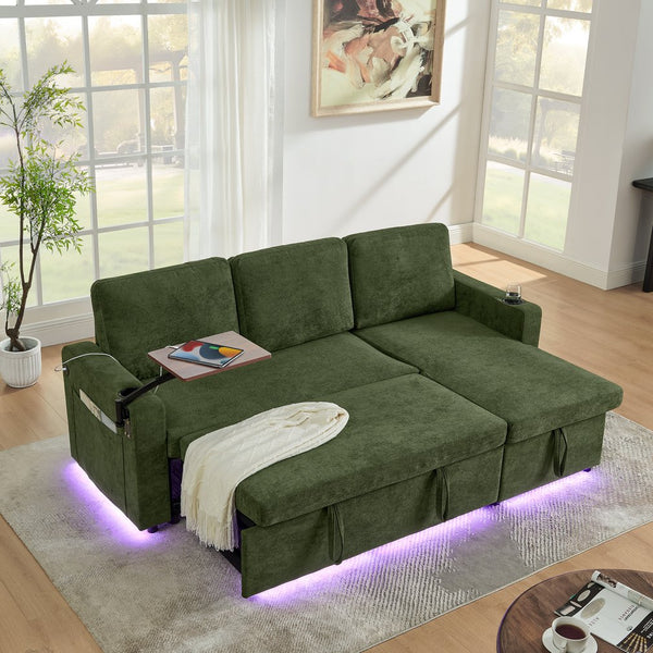 English Elm Modern Chenille Sofa Bed With Retractable Table, Led Lights, Usb Ports & Cup Holders – Green Comfort W1413S00097