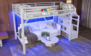 English Elm Full Xl Over Twin Triple Metal Bunk Bed with Storage Stairs and Shelves Black White W1580S00408