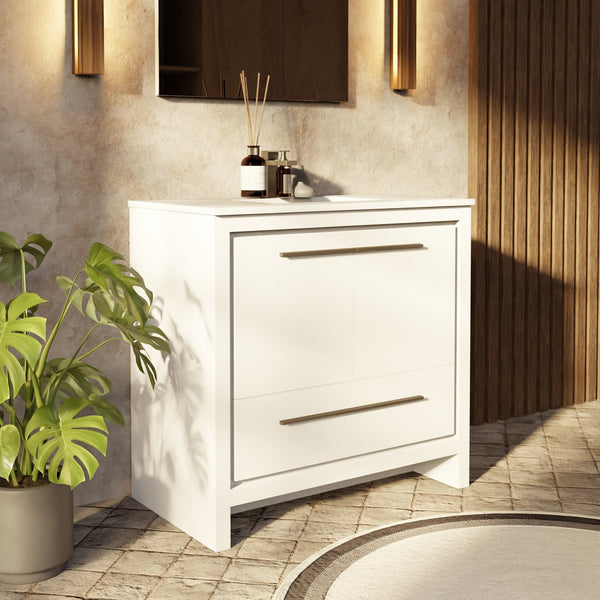 English Elm White Single Bath Vanity 36" W x 20" D with White Quartz Top, Gun Metal Faucet & 28" Mirror, Durable B2731S02077