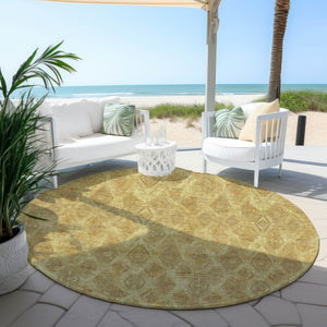 Homeroots 3' Stylish Beige Taupe Geometric Washable Area Rug For Indoor And Outdoor Spaces, Durable Design 8' Round Polyester 579008