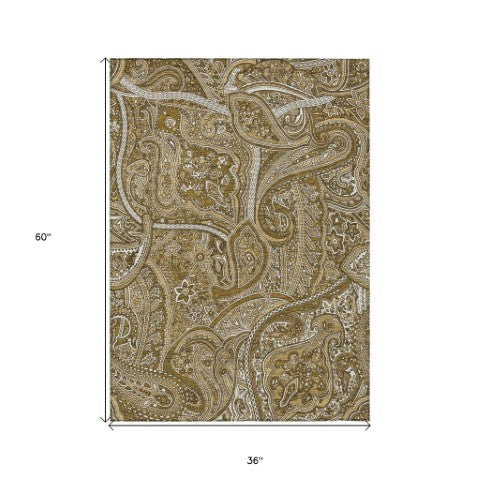 Homeroots 3' Elegant Brown Tan Beige Paisley Washable Indoor Outdoor Area Rug For Stylish Living Spaces 3' X 5' Polyester 579024