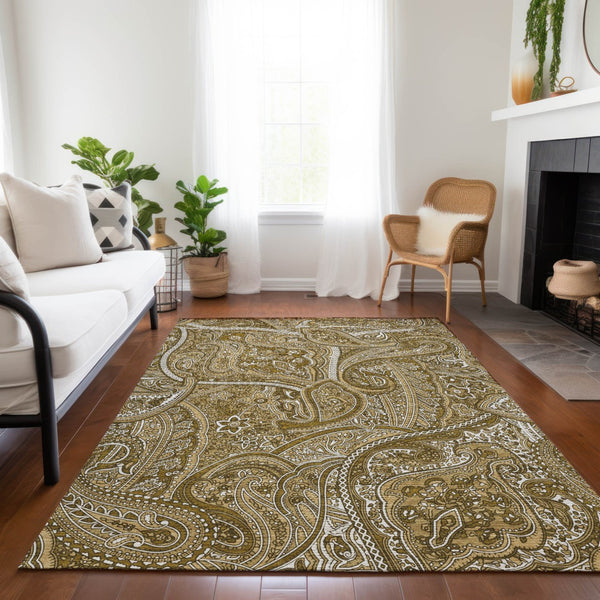 Homeroots 3' Elegant Brown Tan Beige Paisley Washable Indoor Outdoor Area Rug For Stylish Living Spaces 3' X 5' Polyester 579024