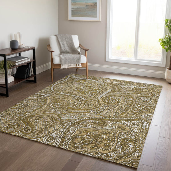 Homeroots 3' Elegant Brown Tan Beige Paisley Washable Indoor Outdoor Area Rug For Stylish Living Spaces 5' X 8' Polyester 579025