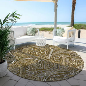 Homeroots 3' Elegant Brown Tan Beige Paisley Washable Indoor Outdoor Area Rug For Stylish Living Spaces 8' Round Polyester 579026