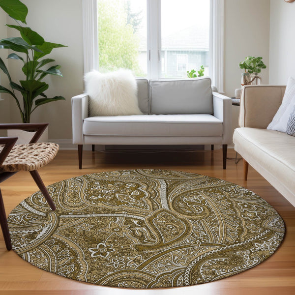 Homeroots 3' Elegant Brown Tan Beige Paisley Washable Indoor Outdoor Area Rug For Stylish Living Spaces 8' Round Polyester 579026