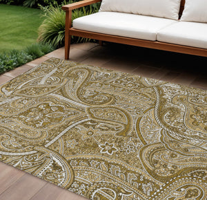 Homeroots 3' Elegant Brown Tan Beige Paisley Washable Indoor Outdoor Area Rug For Stylish Living Spaces 8' X 10' Polyester 579027
