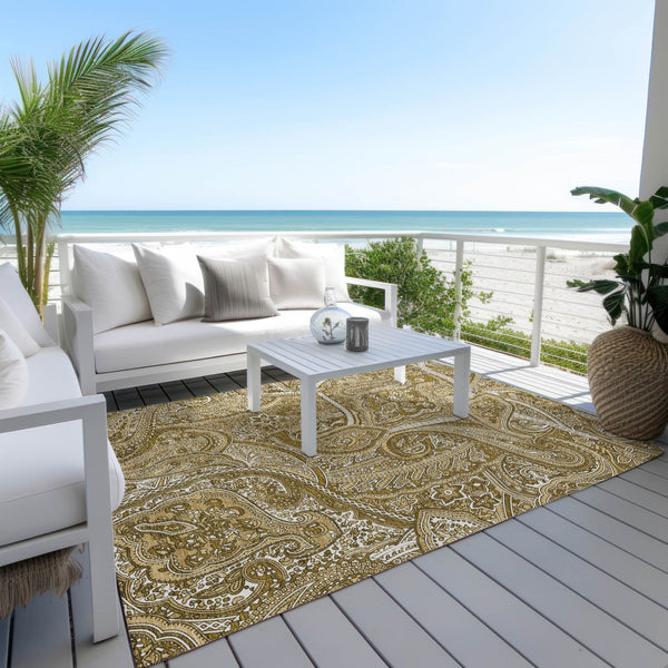 Homeroots 3' Elegant Brown Tan Beige Paisley Washable Indoor Outdoor Area Rug For Stylish Living Spaces 10' X 14' Polyester 579029