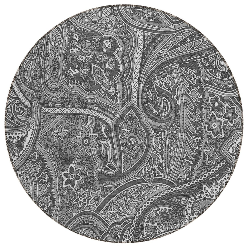 HomeRoots 5' Stylish Gray Silver Charcoal Paisley Washable Indoor Outdoor Area Rug for Versatile Living Spaces 8' Round 579032