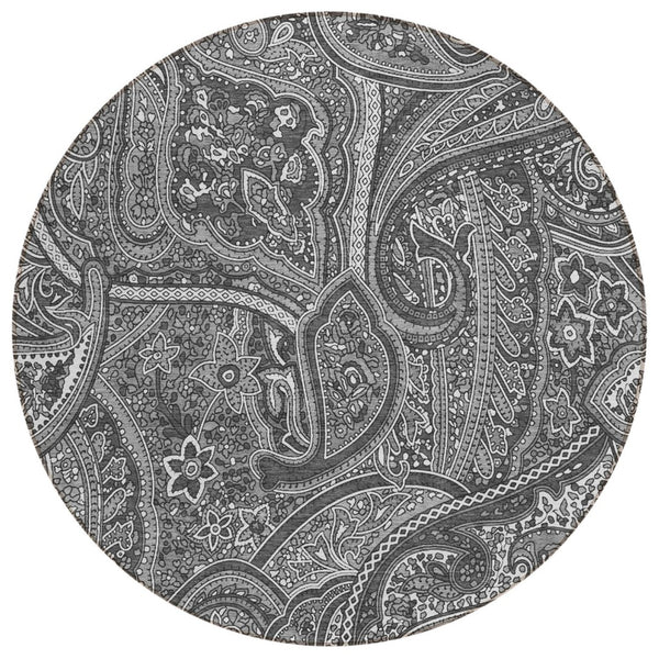 HomeRoots 5' Stylish Gray Silver Charcoal Paisley Washable Indoor Outdoor Area Rug for Versatile Living Spaces 8' Round 579032