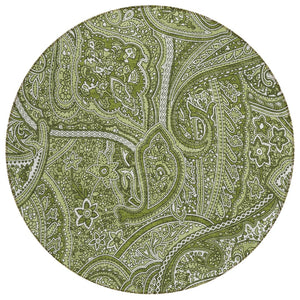 HomeRoots 5' Elegant Artichoke Green Paisley Area Rug - Washable, Durable, Indoor/Outdoor Versatility for Any Space 8' Round 579038