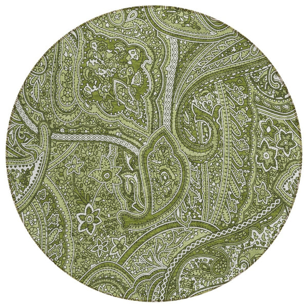 HomeRoots 5' Elegant Artichoke Green Paisley Area Rug - Washable, Durable, Indoor/Outdoor Versatility for Any Space 8' Round 579038