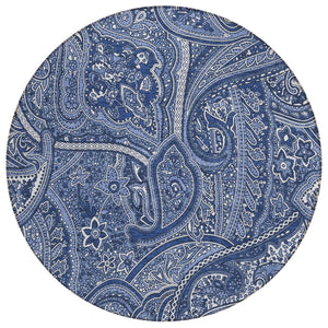 HomeRoots 5' Navy Blue and Sky Blue Paisley Washable Area Rug for Indoor and Outdoor High-Traffic Spaces 8' Round 579044