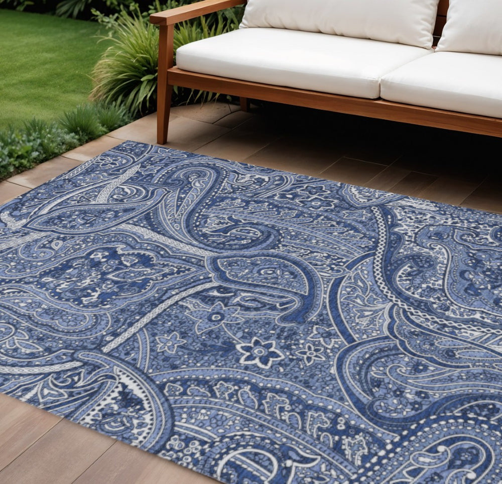 HomeRoots 9' Navy Blue and Sky Blue Paisley Area Rug - Stylish, Durable, Washable for Indoor and Outdoor Spaces 9' X 12' 579046